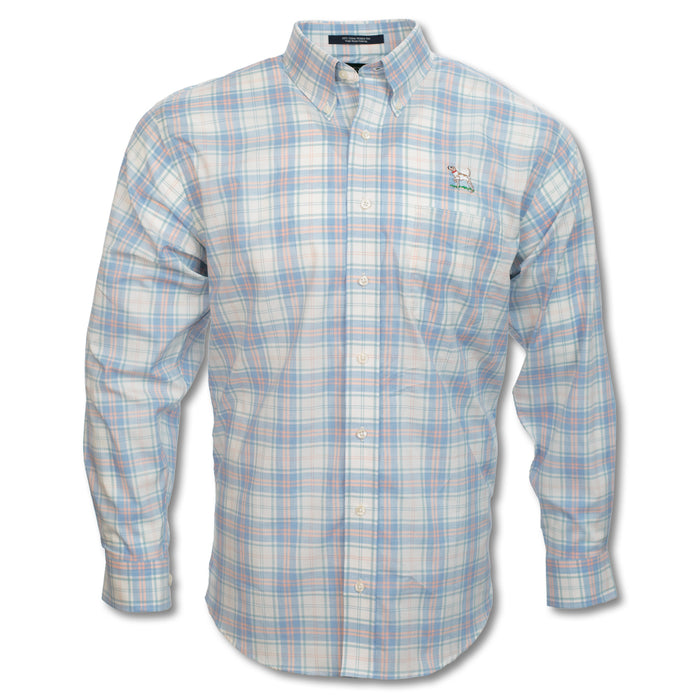 Wrinkle-free pink and light blue plaid cotton sport shirt with a button-down collar and pointer dog chest embroidery.