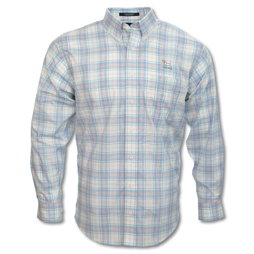 Wrinkle-free pink and light blue plaid cotton sport shirt with a button-down collar and pointer dog chest embroidery.