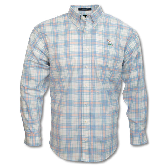 Wrinkle-free pink and light blue plaid cotton sport shirt with a button-down collar and pointer dog chest embroidery.