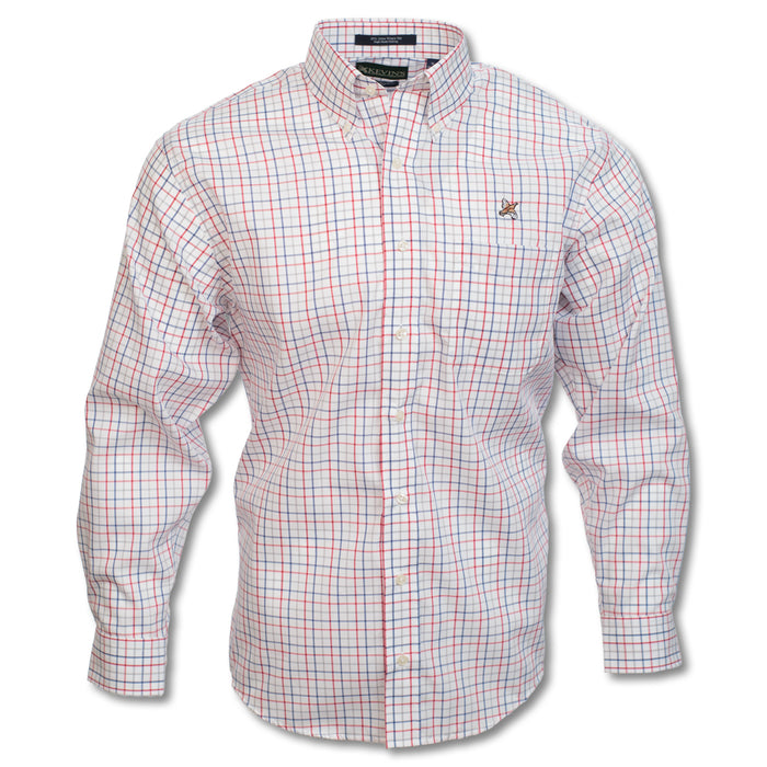 Kevin's wrinkle-free cotton sport shirt in a red, white, and blue plaid pattern with a button-down collar and quail logo.