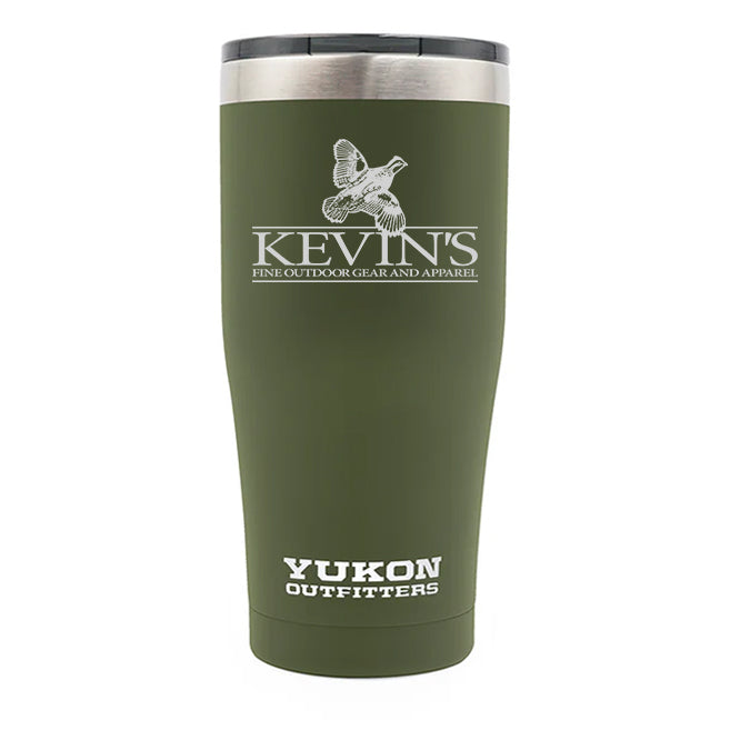 Olive green 20 oz stainless steel tumbler with Kevin’s Yukon Outfitters logo and a black slider lid.