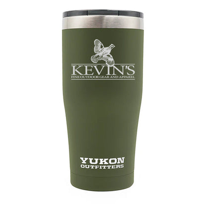 Olive green 20 oz stainless steel tumbler with Kevin’s Yukon Outfitters logo and a black slider lid.