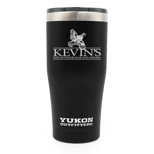 Matte black 20 oz stainless steel tumbler with Kevin’s Yukon Outfitters logo and a UV tint slider lid.