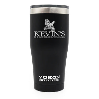 Matte black 20 oz stainless steel tumbler with Kevin’s Yukon Outfitters logo and a UV tint slider lid.