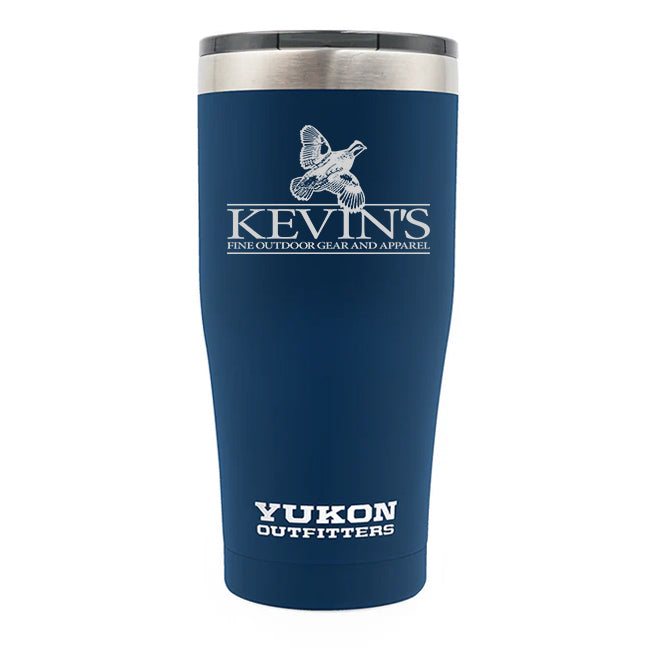 Navy blue 20 oz stainless steel tumbler with Kevin's Yukon Outfitters logo and a textured powder coat finish.