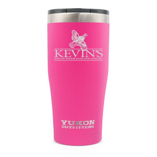 Hot pink 20 oz stainless steel tumbler with Kevin’s logo, textured DuraGrip finish, and a black slider lid.