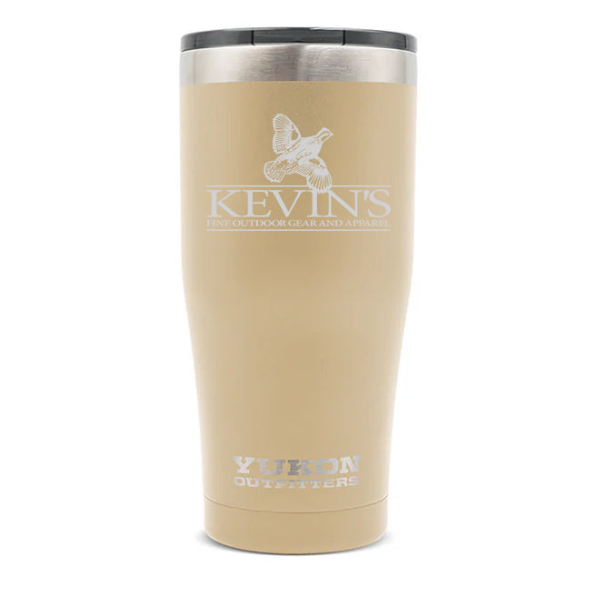 Tan 20 oz stainless steel tumbler with Kevin’s logo, textured DuraGrip finish, and a black slider lid.