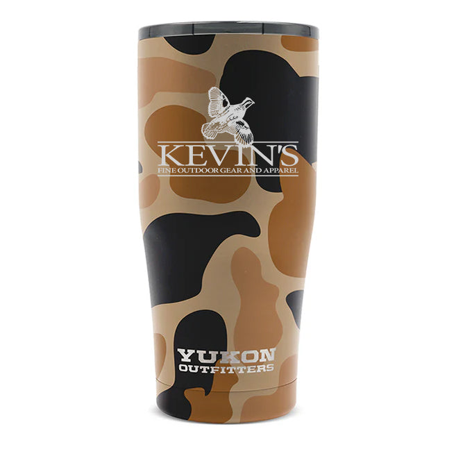 Kevin's Yukon Outfitters 20 oz stainless steel tumbler in camo print with a logo and black slider lid.