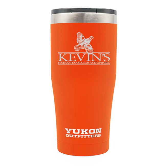 Orange 20 oz stainless steel vacuum-insulated tumbler with Kevin’s logo and DuraGrip powder coat finish.