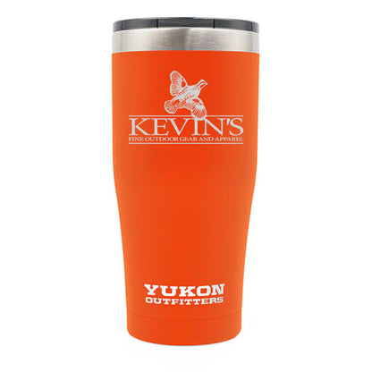 Orange 20 oz stainless steel vacuum-insulated tumbler with Kevin’s logo and DuraGrip powder coat finish.