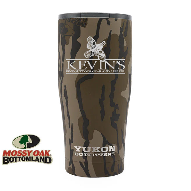 20 oz stainless steel tumbler in Mossy Oak Bottomland camo with Kevin’s logo and a black sliding lid.