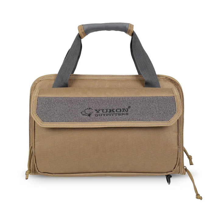 Tan 600D tactical pistol case with gray loop field, padded carry handle, and zipper closures for range storage.