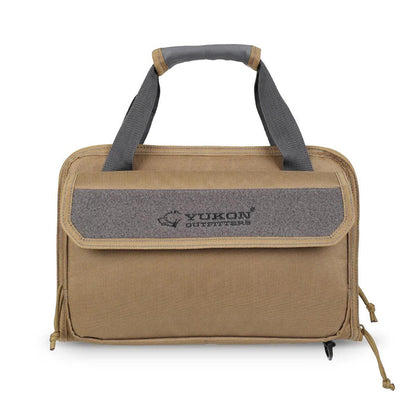 Tan 600D tactical pistol case with gray loop field, padded carry handle, and zipper closures for range storage.