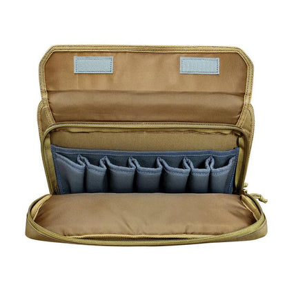 Tan tactical pistol case with seven interior magazine storage pockets and durable 600D shell construction.