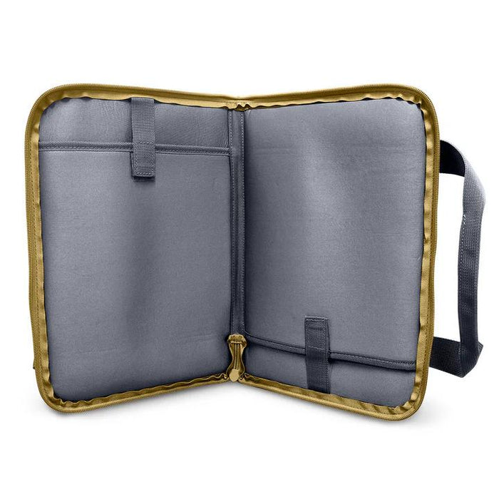 Open tactical pistol case with grey interior, padded storage pockets, and tan zipper trim on a rugged 600D shell.