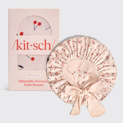 Kitsch Adjustable Oversized Satin Bonnet - Cherry Print