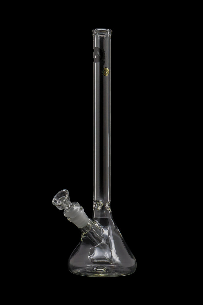 Three-quarter view of a clear glass LA Pipes 14" Scientific Beaker Bong Bong against a black background, showing its straight neck and angled downstem.