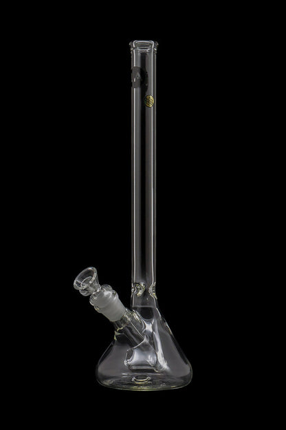 Three-quarter view of a clear glass LA Pipes 14" Scientific Beaker Bong Bong against a black background, showing its straight neck and angled downstem.