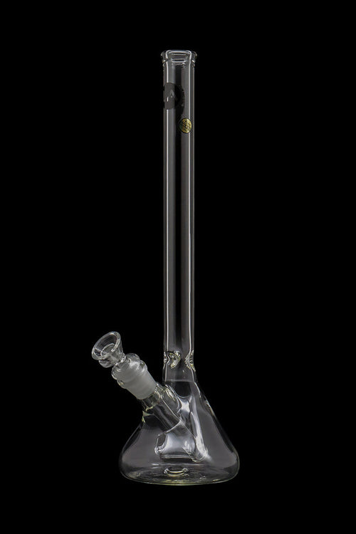 Three-quarter view of a clear glass LA Pipes 14" Scientific Beaker Bong Bong against a black background, showing its straight neck and angled downstem.