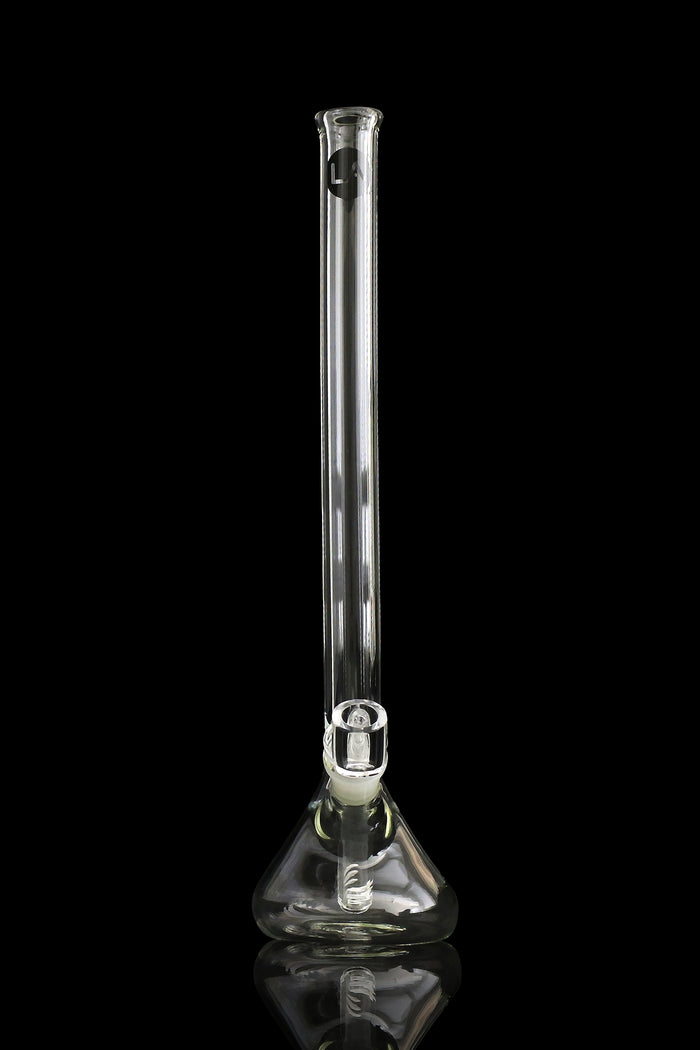 Straight-on view of the clear LA Pipes 14" Scientific Beaker Bong against a black background, showing its long neck and triangular beaker base.