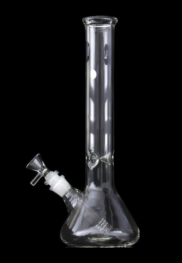 Straight-on view of a clear glass LA Pipes Standard Beaker Bong standing against a black background, showing its tall cylindrical neck, flared mouthpiece and angled downstem.