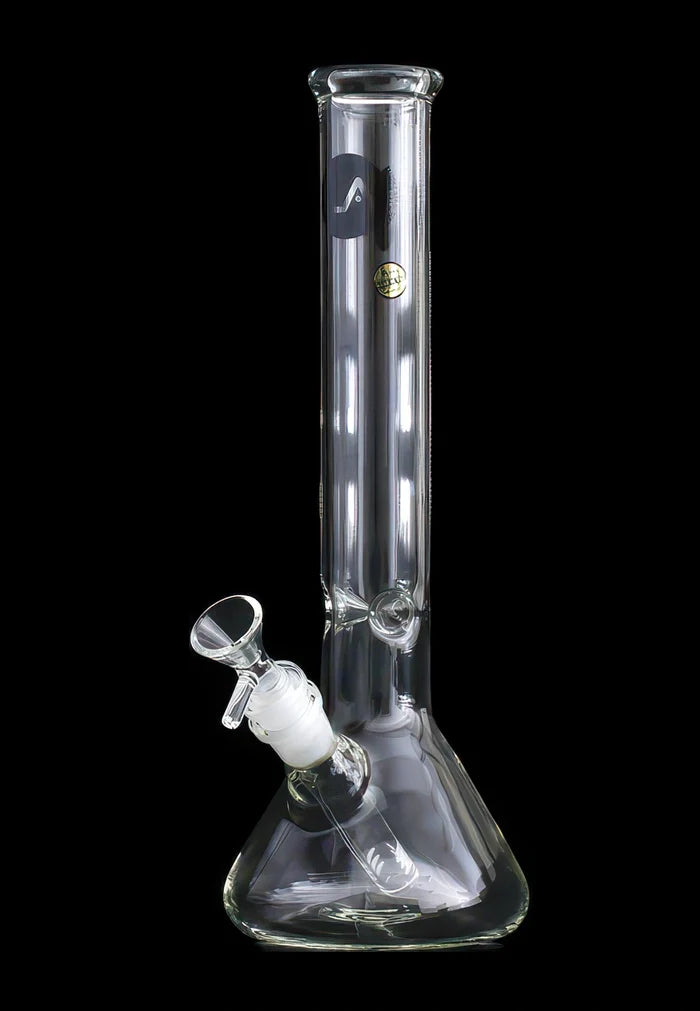 Tall front view of the clear LA Pipes Standard Beaker Bong centered against a black background.