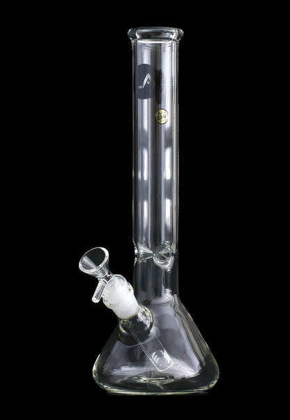 Tall front view of the clear LA Pipes Standard Beaker Bong centered against a black background.
