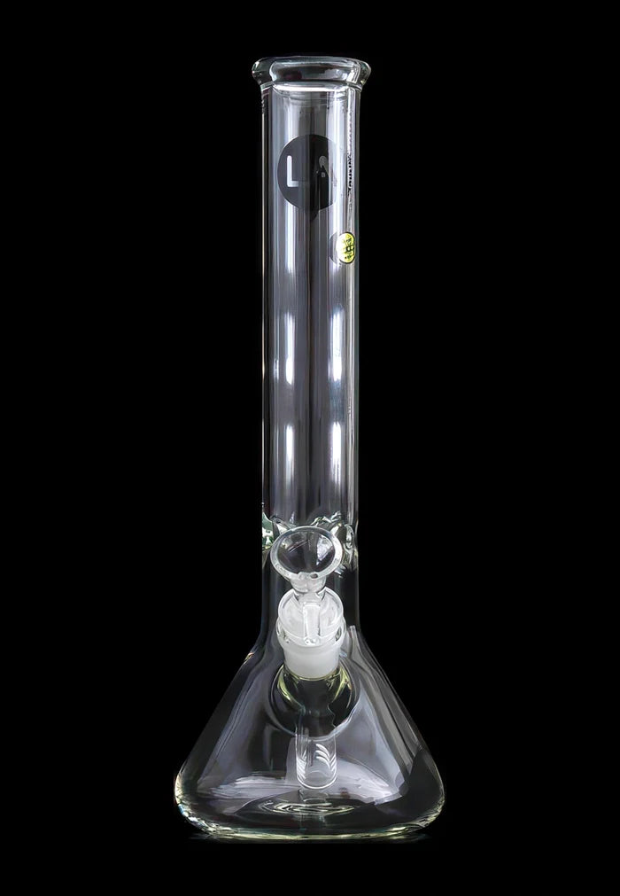 Front view of the clear LA Pipes Standard Beaker Bong centered on a black background, showing its straight neck and beaker base.