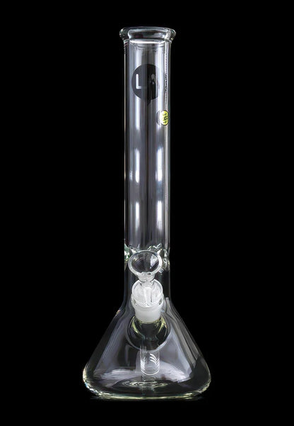Front view of the clear LA Pipes Standard Beaker Bong centered on a black background, showing its straight neck and beaker base.