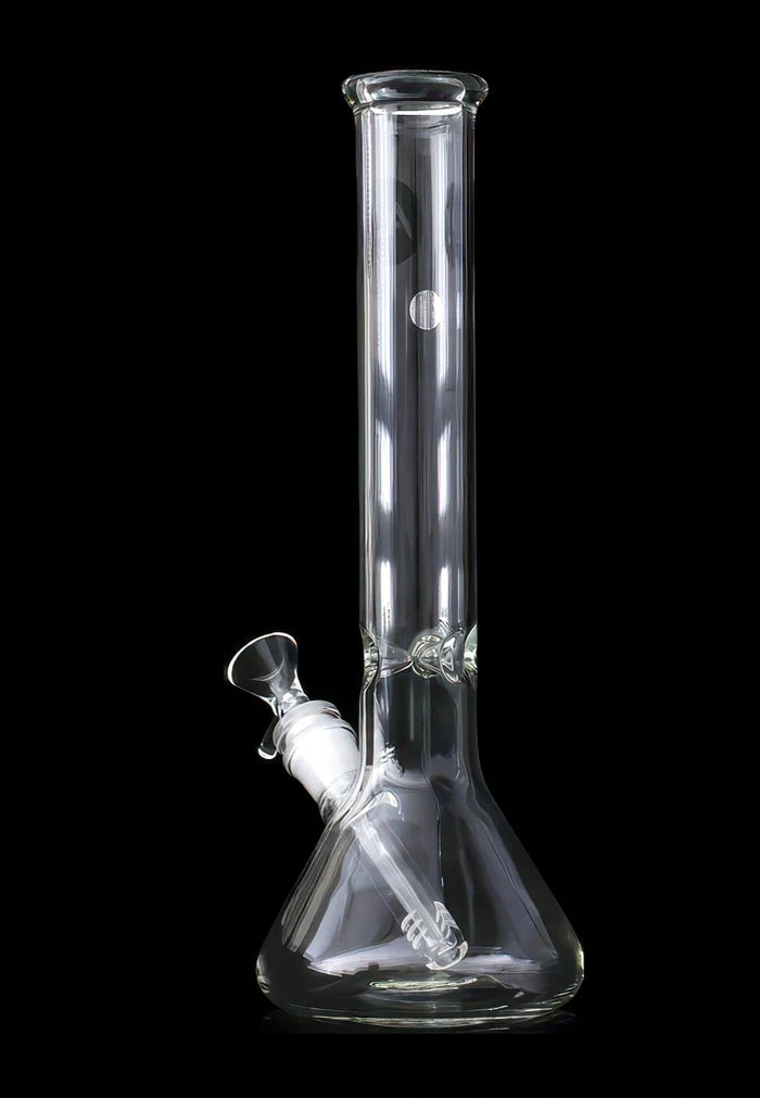 Studio-style front view of the LA Pipes Standard Beaker Bong in clear glass against a black background.
