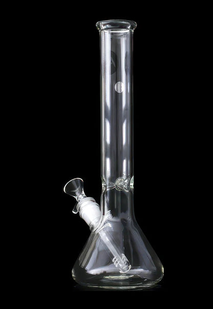 Studio-style front view of the LA Pipes Standard Beaker Bong in clear glass against a black background.