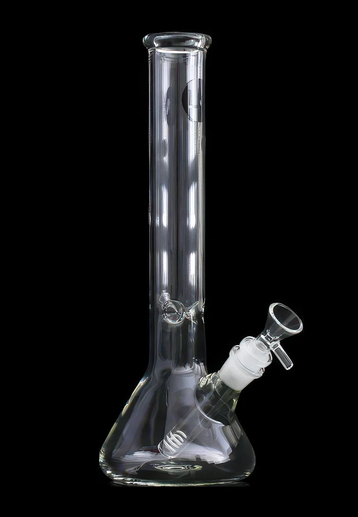 Tall, front-facing LA Pipes Standard Beaker Bong shown in clear glass on a black background with its angled downstem and bowl visible.