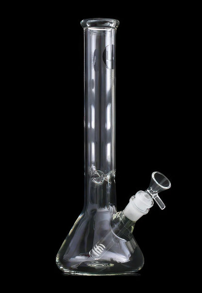 Tall, front-facing LA Pipes Standard Beaker Bong shown in clear glass on a black background with its angled downstem and bowl visible.