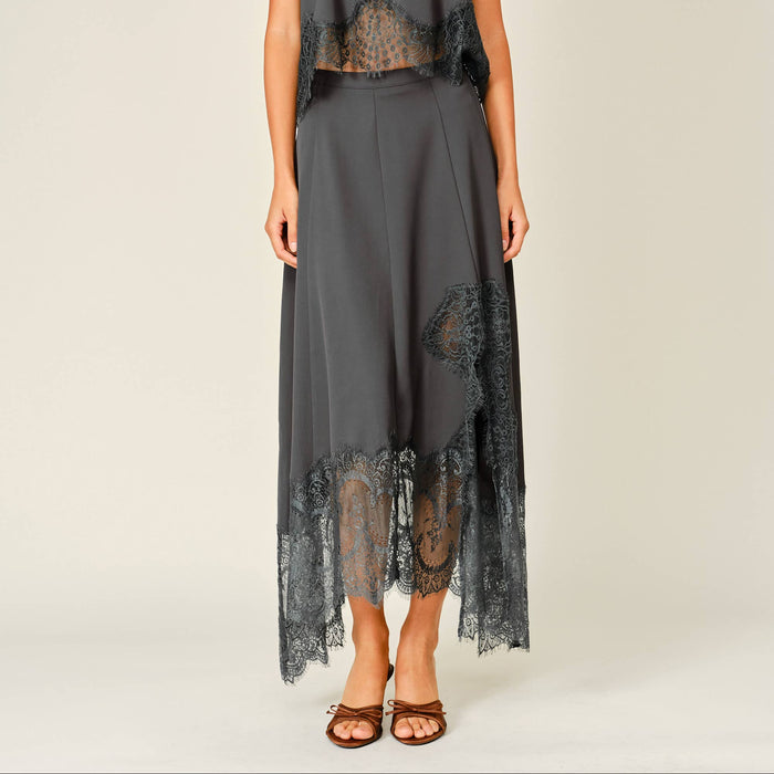 Lace Insert Unbalanced Hem Midi Skirt