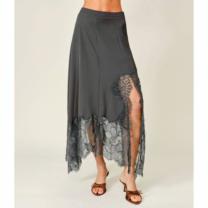 Lace Insert Unbalanced Hem Midi Skirt