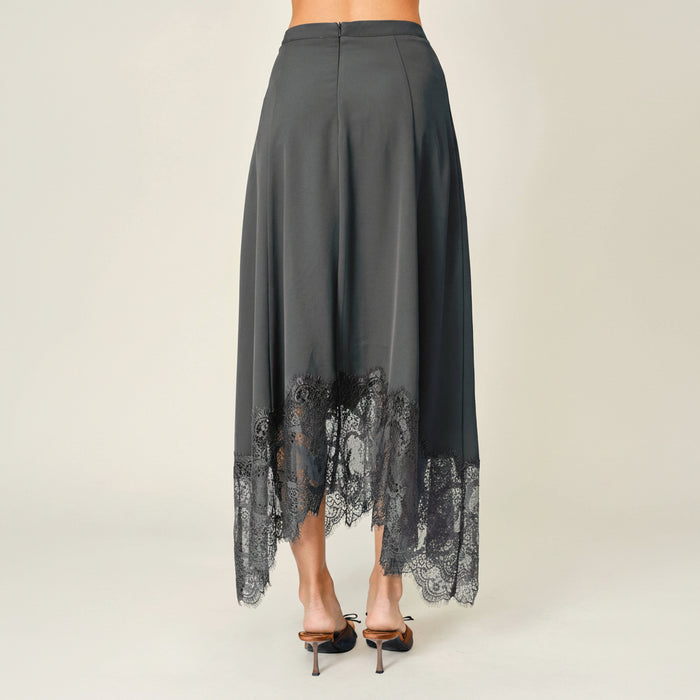 Lace Insert Unbalanced Hem Midi Skirt