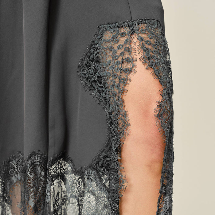 Lace Insert Unbalanced Hem Midi Skirt