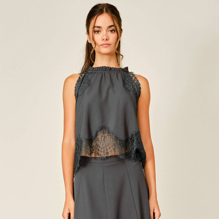 Lace Trim Ruffle Neck Blouse