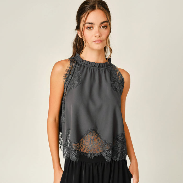 Lace Trim Ruffle Neck Blouse
