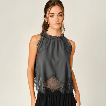 Lace Trim Ruffle Neck Blouse