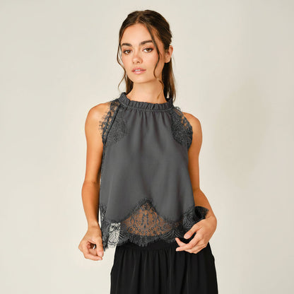 Lace Trim Ruffle Neck Blouse