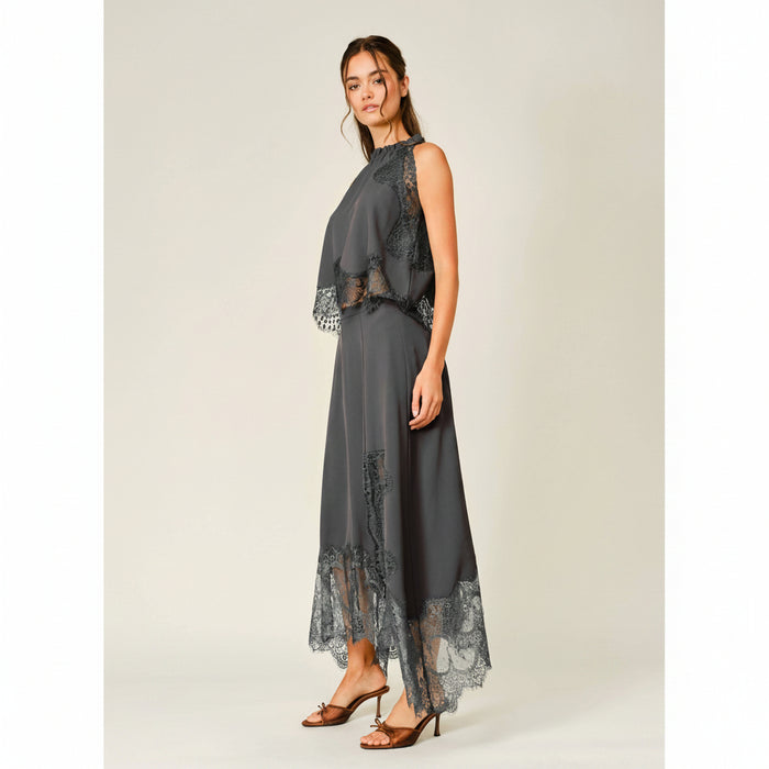 Lace Trim Ruffle Neck Blouse