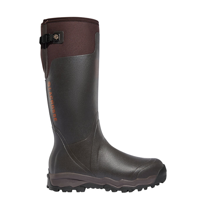 Lacrosse Alpha Burly Pro 18-inch brown rubber hunting boot with adjustable rear gusset and rugged traction sole.