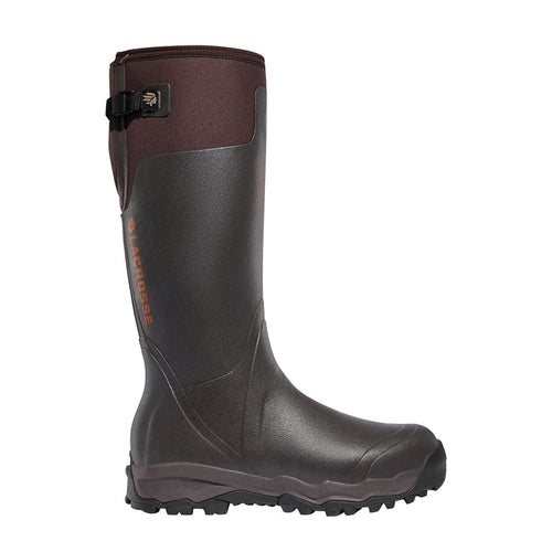 Lacrosse Alpha Burly Pro 18-inch brown rubber hunting boot with adjustable rear gusset and rugged traction sole.