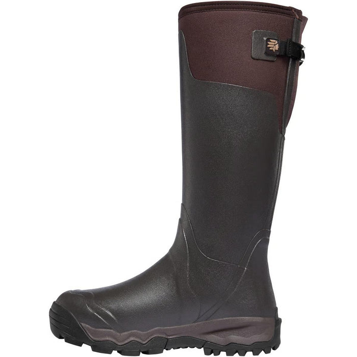 Brown 18-inch Lacrosse Alpha Burly Pro hunting boot with rubber construction, neoprene upper, and adjustable rear gusset.