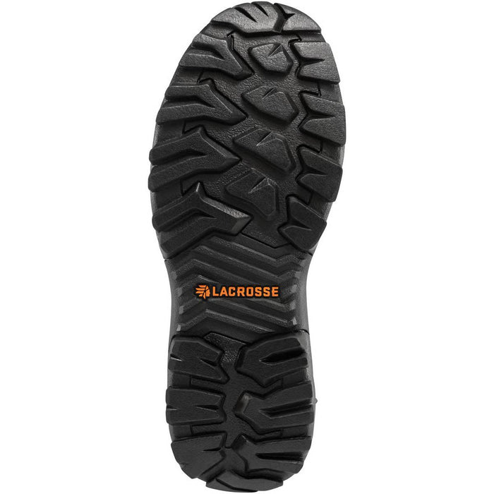 Black rubber outsole of a Lacrosse Alpha Burly Pro hunting boot with a rugged, deep-lugged tread pattern for traction.