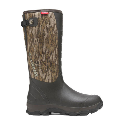 Lacrosse Alpha Lite II 16-inch waterproof rubber boot in brown with camo print, adjustable side strap, and rugged sole.