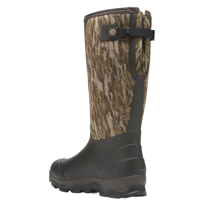 Lacrosse Alpha Lite II 16-inch waterproof rubber hunting boot in Mossy Oak camo with an adjustable back strap.