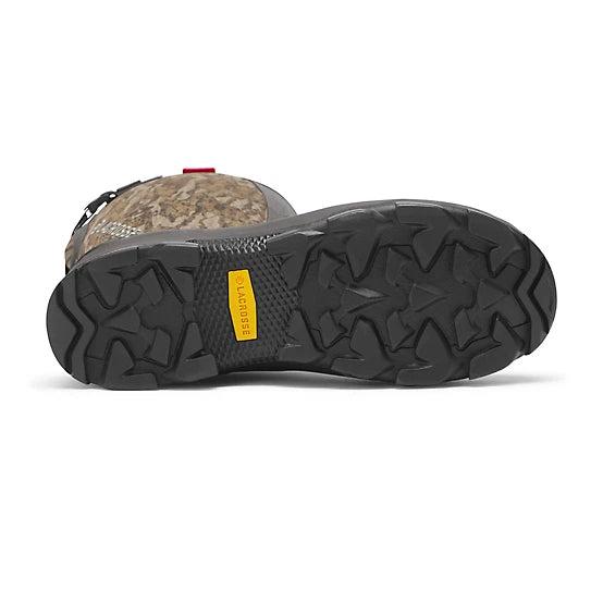 Bottom view of Lacrosse Alpha Lite II 16-inch camo rubber boot with black traction lug sole and yellow logo plate.