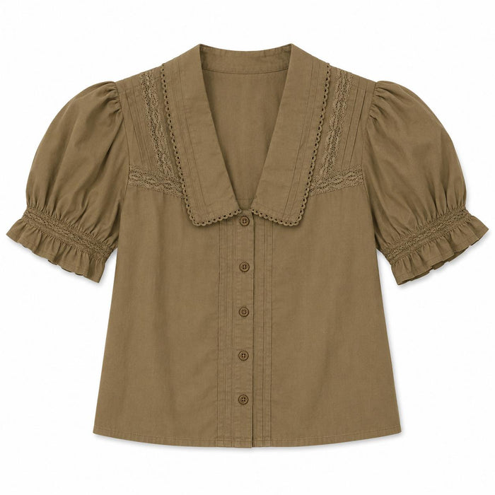 Olive green cotton cambric button-down top with a V-neck collar, lace trim, and ruffled puff sleeves.